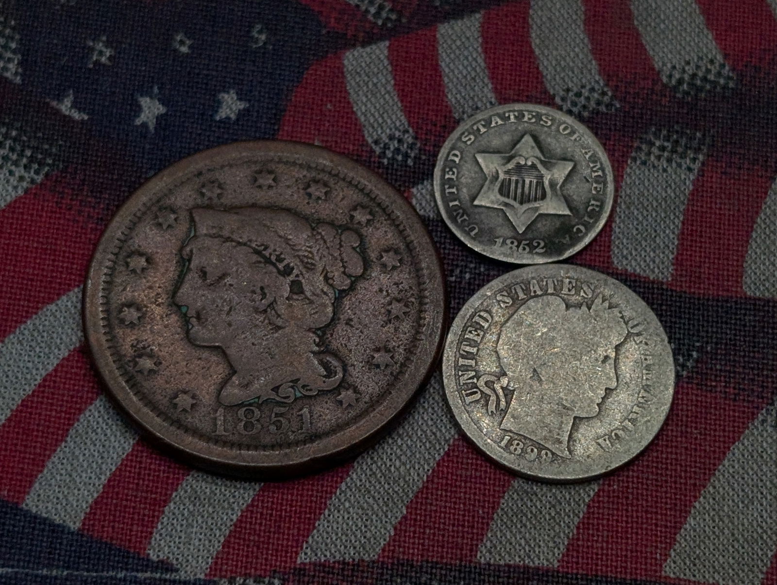 Three Vintage U.S. Coins - 1851 U.S. Large Cent, 1899 Barber Silver Dime, 1852 Silver Three Cent (1 of 2)