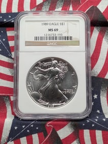1989 American Silver Eagle One Dollar, NGC MS 69,  .999 Fine Silver One Troy Ounce.