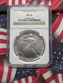 1992 American Silver Eagle One Dollar, NGC MS 69,  .999 Fine Silver One Troy Ounce.