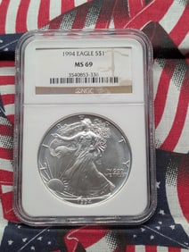 1994 American Silver Eagle One Dollar, NGC MS 69,  .999 Fine Silver One Troy Ounce.