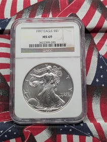 1997 American Silver Eagle One Dollar, NGC MS 69,  .999 Fine Silver One Troy Ounce.
