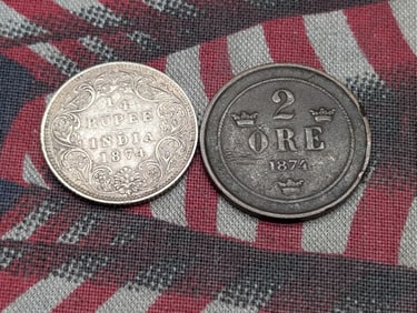 1874 Sweden 2 Ore & 1874 British India 1/4 Silver Rupee (2 PCS)