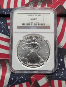 1996 American Silver Eagle One Dollar, NGC MS 69,  .999 Fine Silver One Troy Ounce. Key Date! Low
