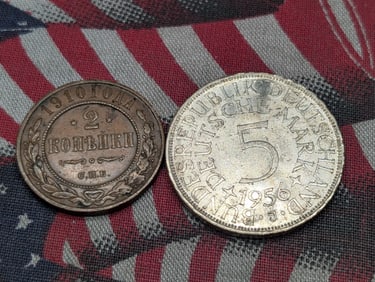 1956-J Germany 5 Silver Marks & 1910 Soviet 2 Kopeks - VF (2 PCS)