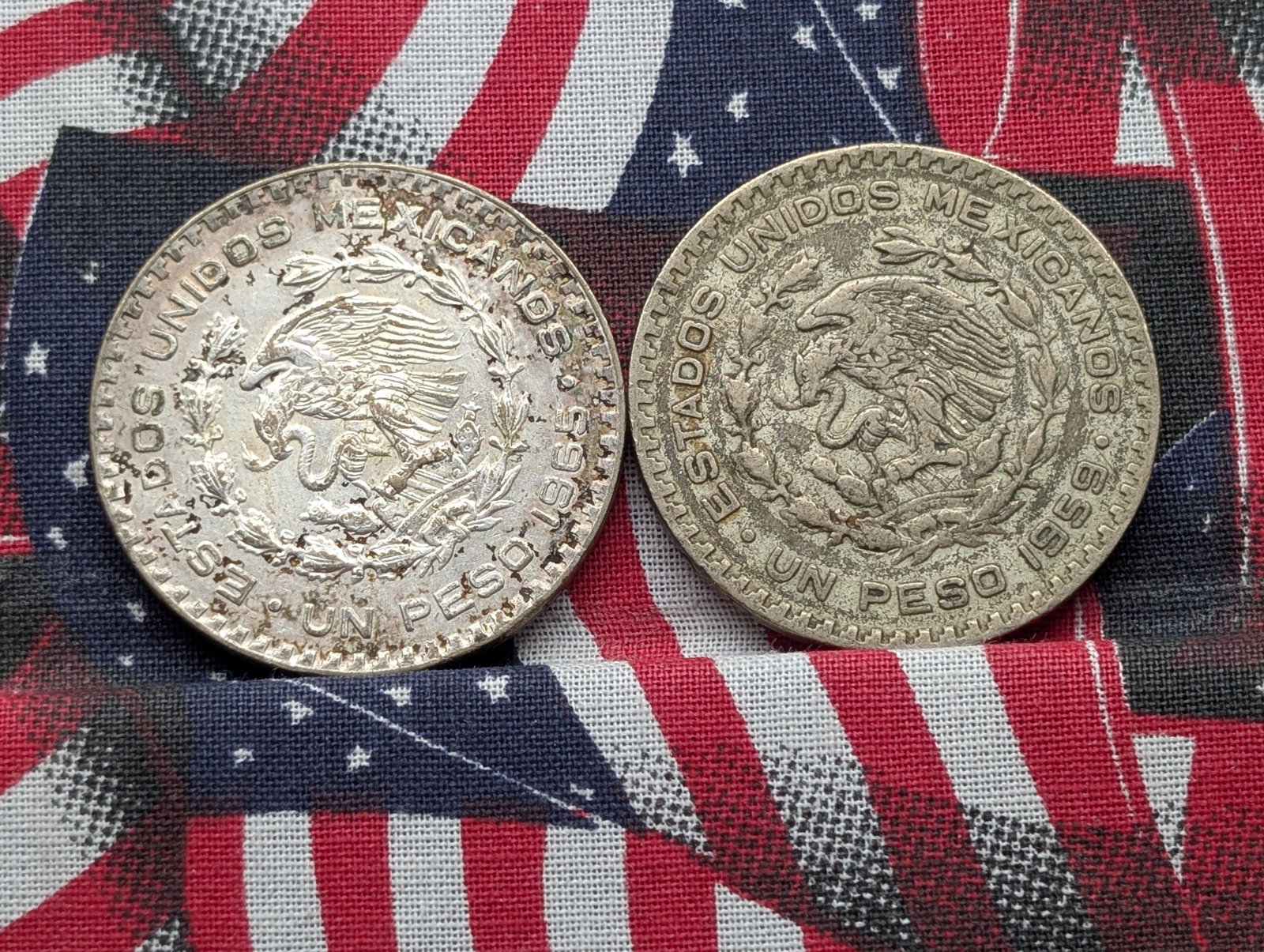 1965 & 1959 Mexico 1 Peso, 10% Silver Each: 1965 & 1959 Mexico 1 Peso, 10% Silver Each