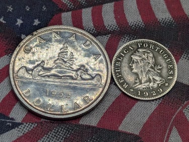 1929 Sao Tome and Principe 20 Centavos & 1955 Canada 1 Silver Canoe Dollar (2 PCS)