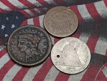 Three Vintage U.S. Coins, 1853 U.S. Large Cent, 1864 Two Cent, 1877 Silver Quarter w/Hole