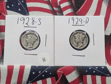 1928-D & 1929-D 90% Silver Mercury Dimes (one flip labeled incorrectly)