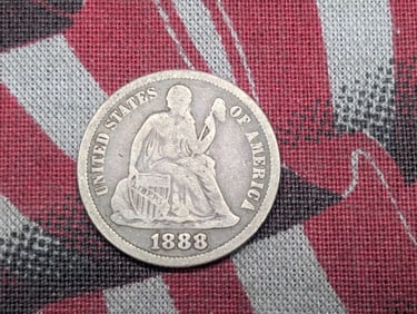 1888 United States Seated Liberty Dime. Vintage Type Coin. 90% Silver