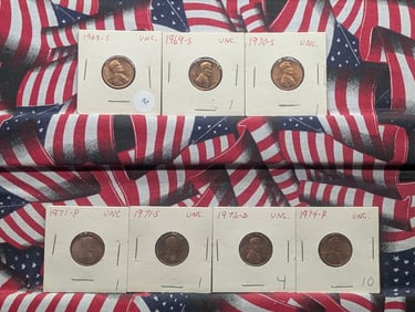 (2) 1969-S, (1) 1970-S, (2) 1971-P, (1) 1972-D, () 1974-P BU Lincoln Cents
