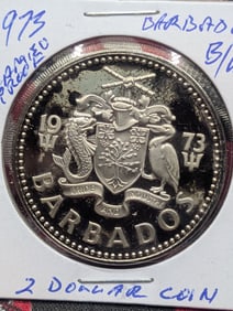 1973 Barbados 2 Dollar Coin, Cameo Proof, C/N