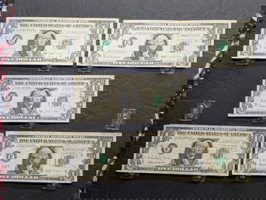 (5) 1963-B Joseph Barr Federal Reserve Notes - One Three in a row 6's,