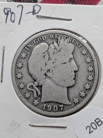1907 D Barber Half Dollar Circulated, 90% Silver