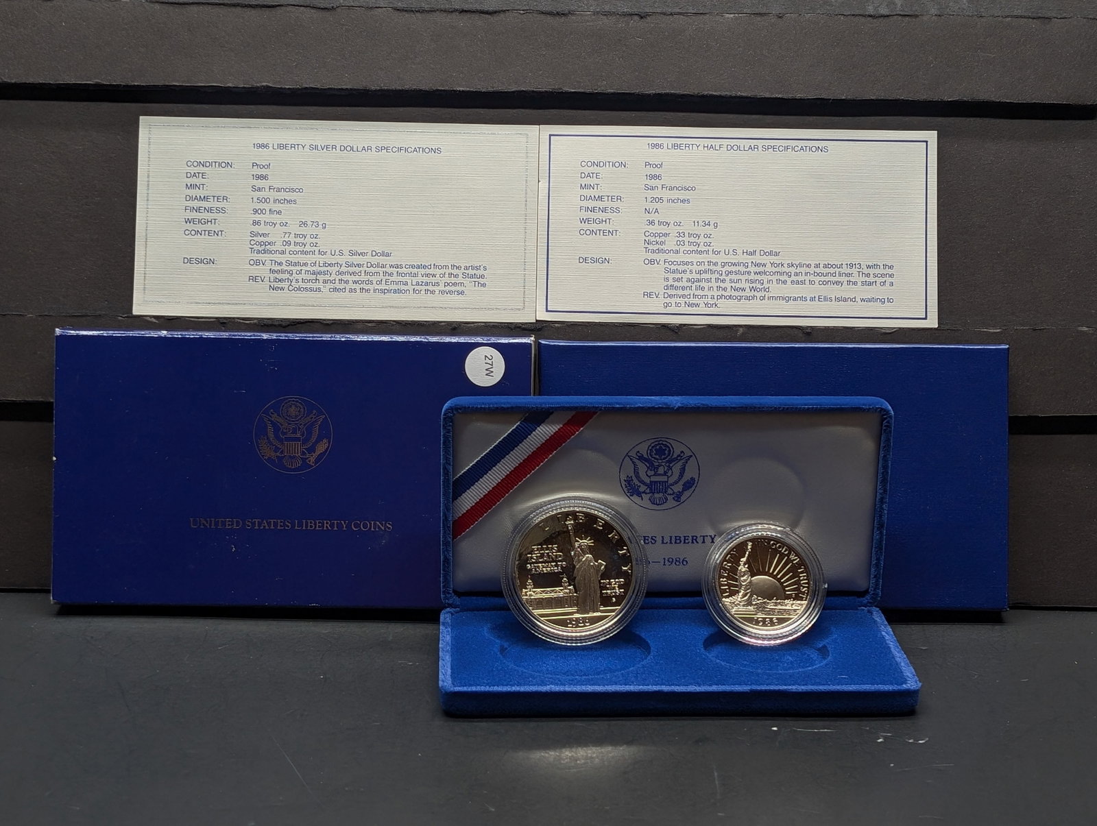1986-S Liberty 90% Silver Dollar & Clad Liberty Half Dollar in OGP w/ COA: 1986-S Liberty 90% Silver Dollar & Clad Liberty Half Dollar in OGP w/ COA