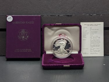 1986-S American Silver Eagle, First Year, Key Date, .999 Fine Silver One Troy Ounce in OGP w/ COA