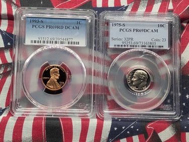 1993-S Lincoln Cent PCGS PR69RD DCAM and 1975-S Roosevelt Dime PCGS PR69DCAM.