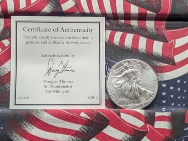 2016 Uncirculated American Silver Eagle w/ COA - .999 Fine Silver, One Troy Ounce
