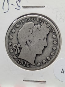 1915 S Barber Half Dollar Circulated, 90% Silver