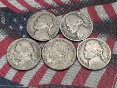 (5) 1943-P 35% Silver Jefferson Nickels, WWII Issue!