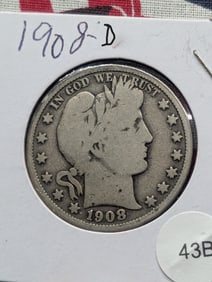 1908 D Barber Half Dollar Circulated, 90% Silver