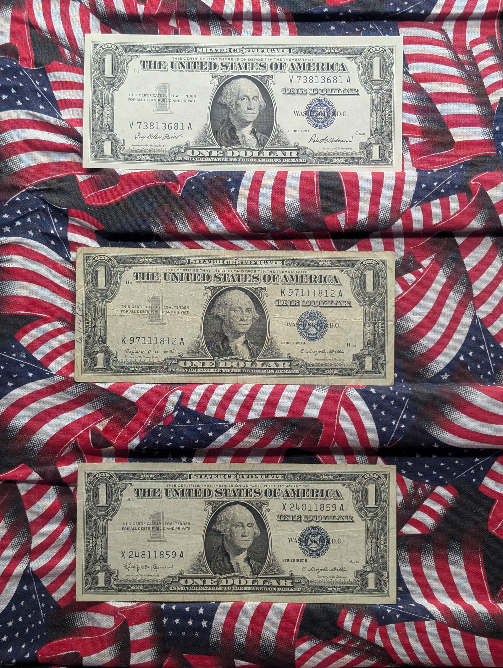 1957, 1957-A, 1957-B $1 Blue Seal Silver Certificates. Bust Of George Washington. 3 Notes. (1 of 8)