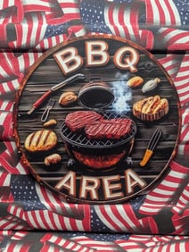 BBQ AREA, Metal Sign, 7.75x7.75 Inches-Dinner Plate Size, Perfect For Man Cave, Garage, Above the