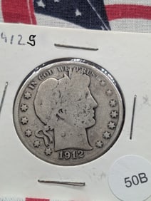 1912 S Barber Half Dollar Circulated, 90% Silver