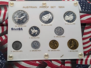 1964 Complete Austrian Mint Proof Set Of Coins. 90% Silver 50 Schillings, 20 Grams. 25 Schillings