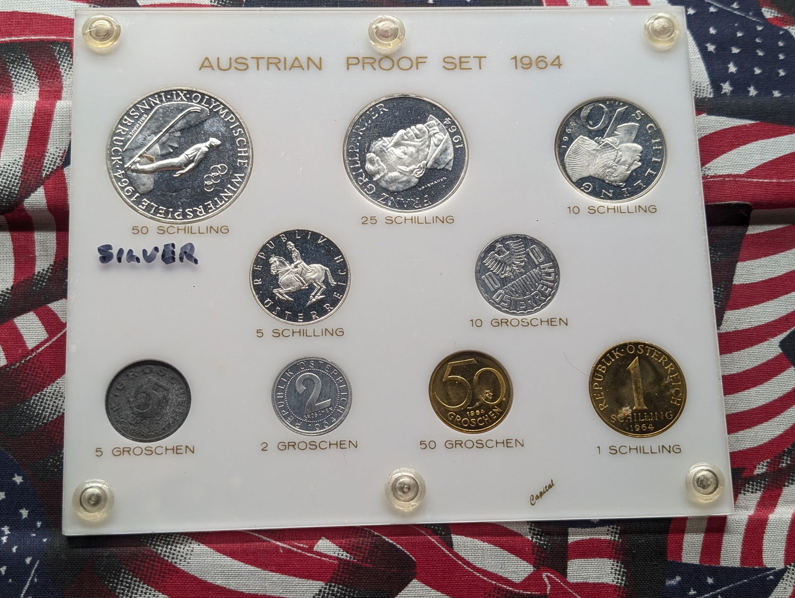 1964 Complete Austrian Mint Proof Set Of Coins. 90% Silver 50 Schillings, 20 Grams. 25 Schillings (1 of 4)
