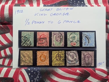 (10) Great Britain King George Postage Stamp Set, 1/2 Penny To 6 Pence