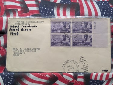 1948 Rare Cancelled Plate Block