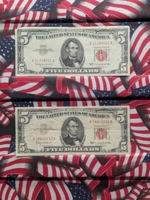 Lot of Two 1963 Series $5.00 RED SEAL Banknotes - VF/XF