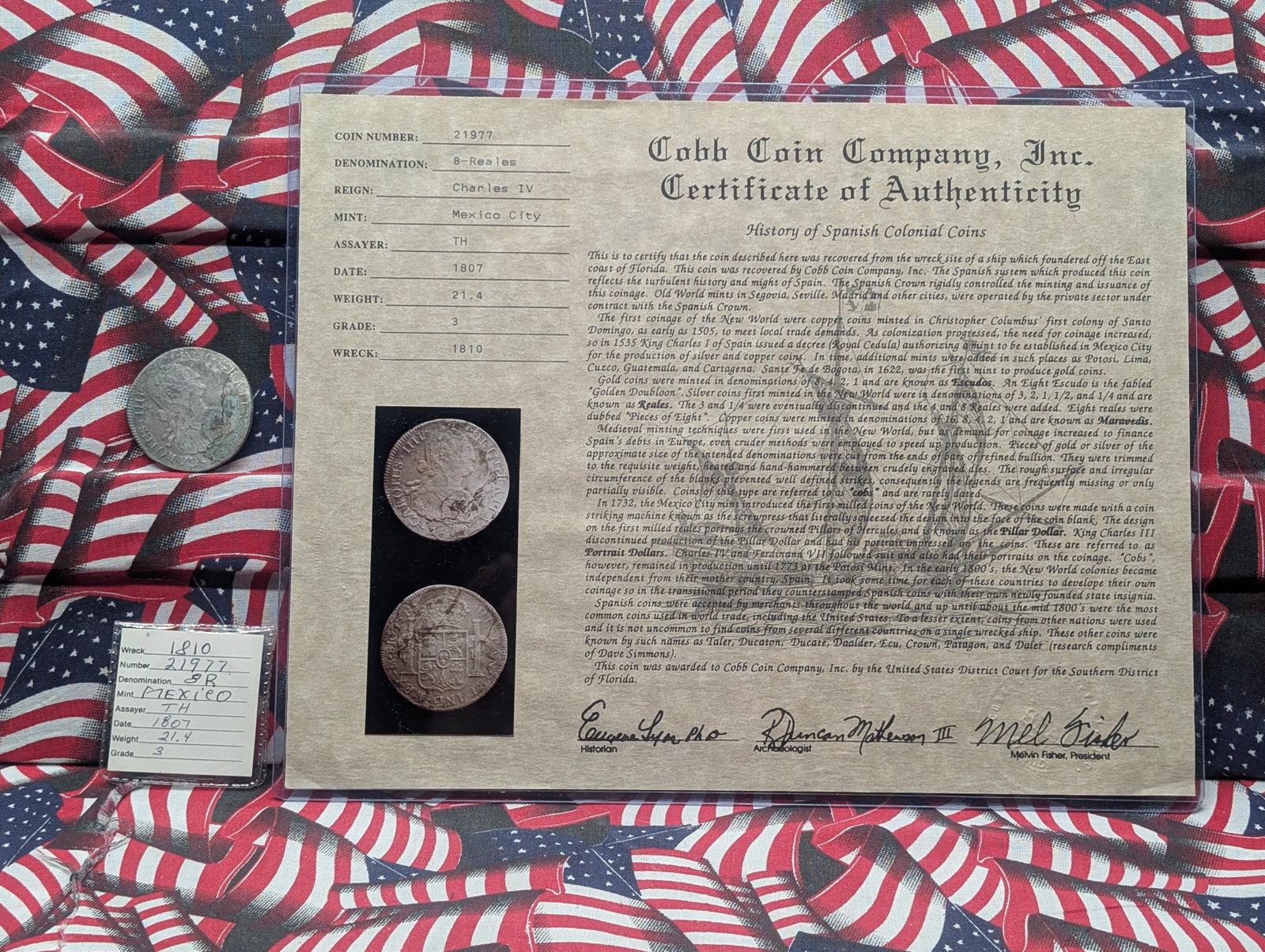 1807 Mexico 8 Reales, 89.6% Silver, Recovered From 1810 Shipwreck w/ Mel Fisher Certification: 1807 Mexico 8 Reales, 89.6% Silver, Recovered From 1810 Shipwreck w/ Mel Fisher Certification