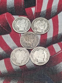 Lot of 5 Various Dated Barber Silver Dimes, 1899, 1912, 1914, (2) 1916
