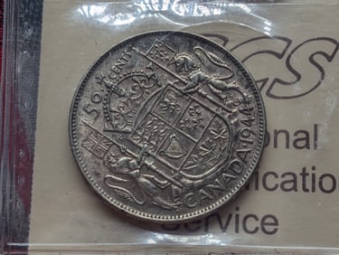 1944 Canada 50 Cents w/ Near 4 & Rotated Die -50% Silver, VF w/ COA