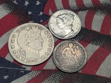 1909 Barber Quarter, 1853 Seated Liberty w/arrows Love Token, & 1944 Mercury Dime all 90% Silver