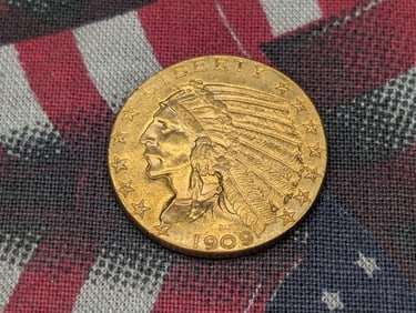 AU/UNC - 1909-D Indian Head $5.00 SOLID 90% GOLD Half Eagle