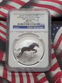 1 Oz. .999 FINE SILVER 2015-P Australia $1.00 Stock Horse - NGC MS70 - First Release