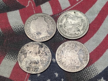 Four Various Vintage U.S. Coins - Includes 1871 & 1877 Seated Liberty Dimes, 1868 Three Cent Nickel,