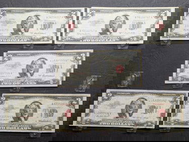 Five Various 1953 Series $2.00 RED SEAL Banknotes in Protective Sleeves - (3) 53-A's, (1) 53, & (1)