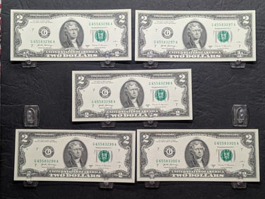 Five 2017 A Series $2.00 Federal Reserve Notes w/ Consecutive Serial Numbers in Protective Sleeves