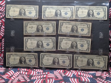Ten Various 1957 Series $1.00 Silver Certificates in Protective Sleeves - (3) 57's, (3) 57-A's, &