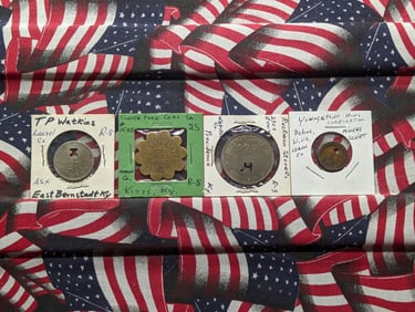 4 RARE Coal Tokens. TP Watkins East Bernstadt KY, Clover Fork Coal Co Kitts KY, Ruckman Store