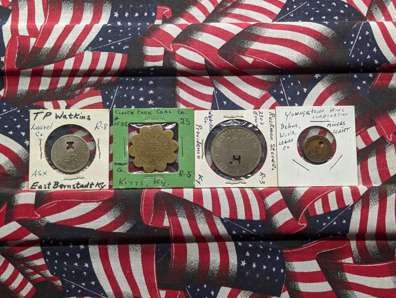 4 RARE Coal Tokens. TP Watkins East Bernstadt KY, Clover Fork Coal Co Kitts KY, Ruckman Store: 4 RARE Coal Tokens. TP Watkins East Bernstadt KY, Clover Fork Coal Co Kitts KY, Ruckman Store Providence KY, and Youngstown Mine Dehue WVA.