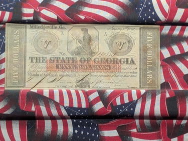 1862 Milledgeville GA $5 Civil War currency. GEM crisp uncirculated. As good as they get.