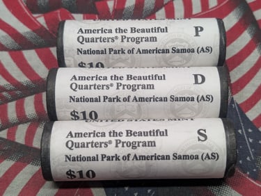 2020 P, D, & S Complete Set of $10 Rolls of National Park of American Samoa (AS) America The