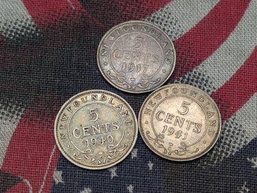 1917 - C VG/F, 1940-C XF, and 1941 - C AU. Newfoundland 92.5% Silver 5 Cents, 1.1782 Grams Each