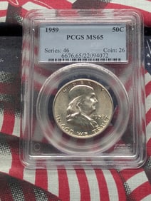 1959 Franklin Half. Slabbed by PCGS, Top Grader, as MS 65.