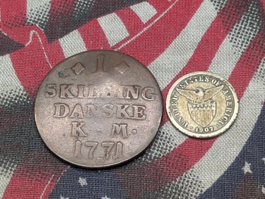 1907 Philippines 10 Cents, 75% Silver & 2 Gr. & 1771 Denmark 1 Skilling Danske (2 PCS)