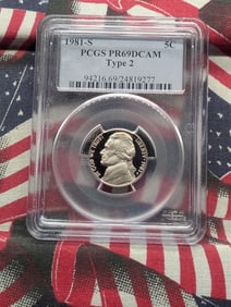 1981-S Jefferson Nickel. Slabbed by PCGS, top grader, as Proof 69 Deep Cameo. The scarce Type 2.
